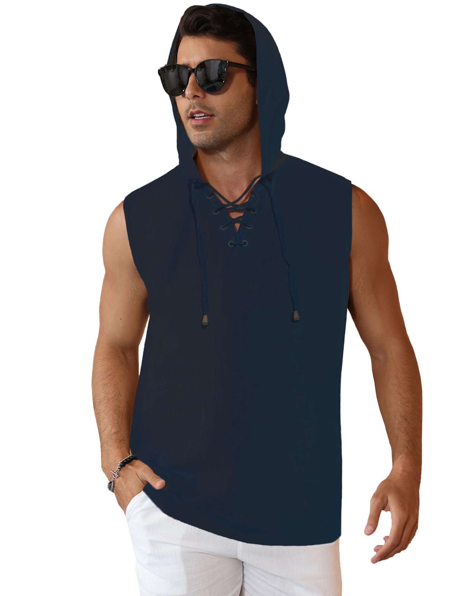 Men's Linen Tank Tops Sleeveless Shirts Lace Up Beach Summer Yoga Top Hippie Ren