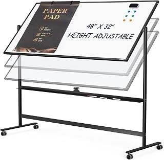 Tankee Rolling Whiteboard 48x32 Large White Board Dry Erase Board on Wheels | Height-Adjustable, Ideal for Office Classroom School Home Homeschooling
