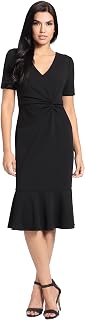 London Times Women's V-Neck Dress - Flounce Hem, Twist Waist, Elegant Office & Event Wear