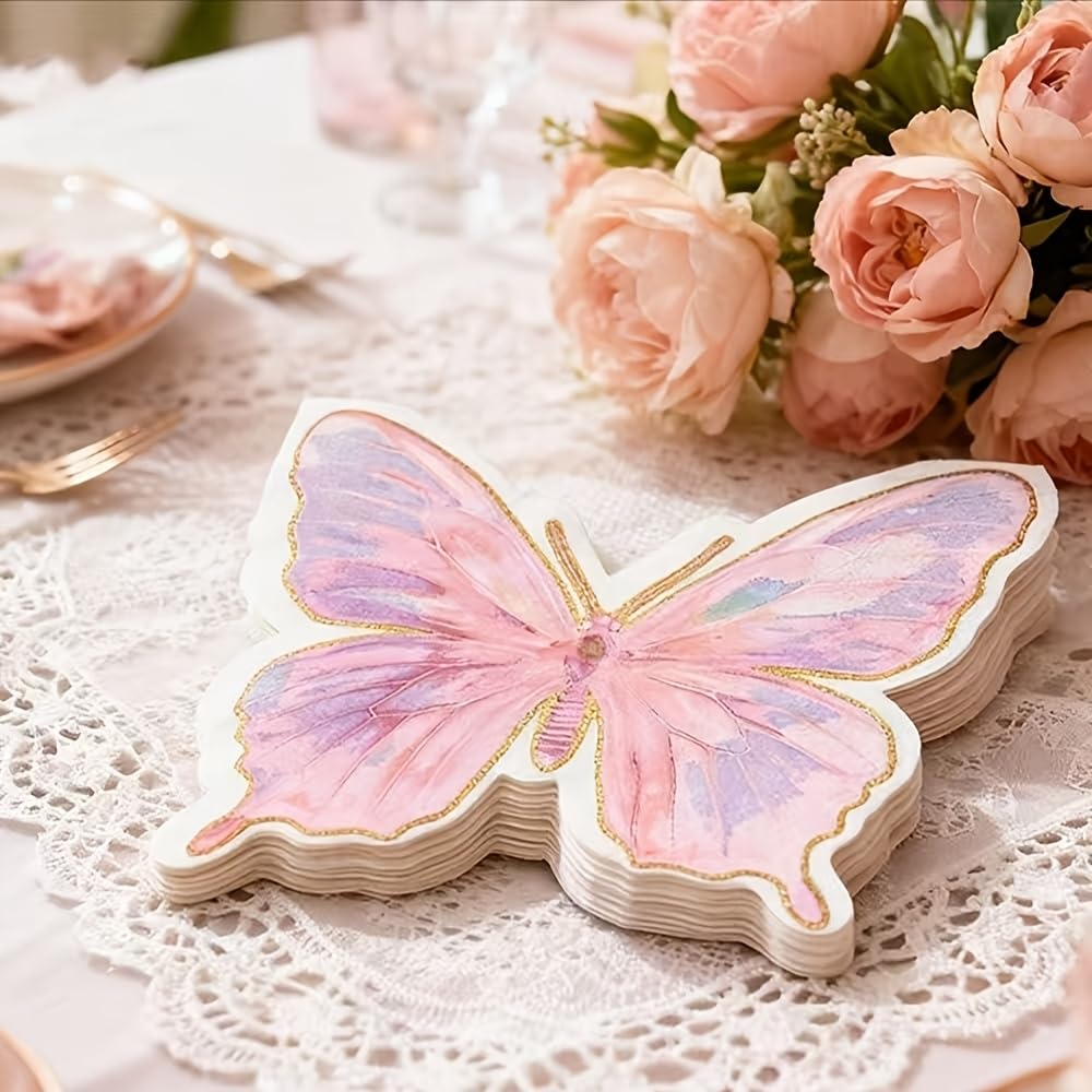 19 Disposable Pink Butterfly Napkins, Butterfly Shaped Paper Napkins for Mother'