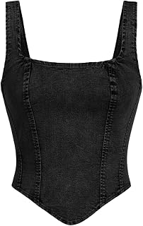 WDIRARA Women's Denim Corset Tank Top Crop Sleeveless Zip Up Back Tops