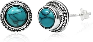 Desnuage Tibetan Turquoise 8mm Round Stud Earrings 925 Sterling Silver Post Handmade Earrings for Women Trendy