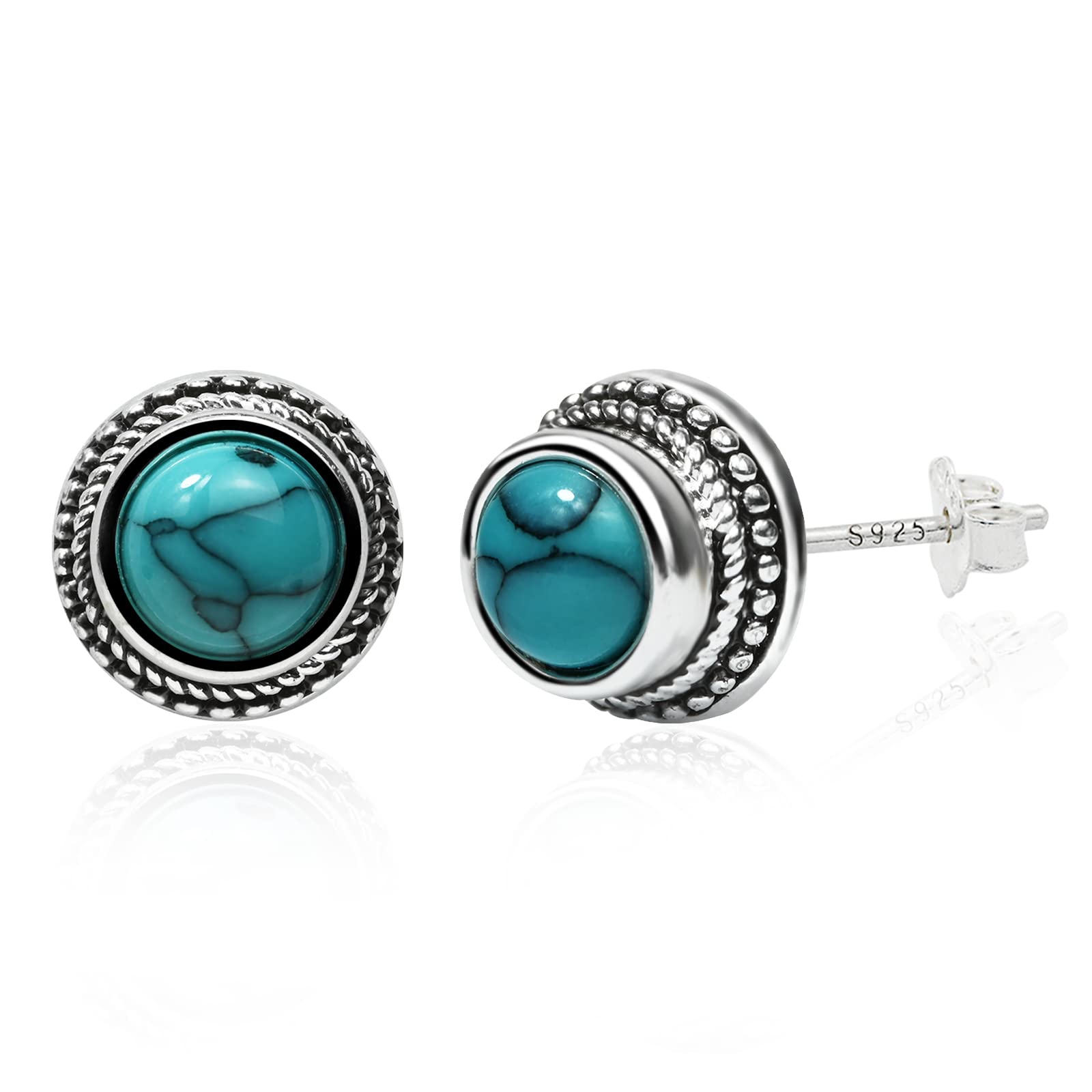 Desnuage Tibetan Turquoise 8mm Round Stud Earrings 925 Sterling Silver Post Hand