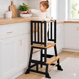 COSYLAND Kids Stool for Kitchen, Stable Toddler Standing Tower with SOR Certification, Anti-tip Structure Toddler Step Stool with Removable Safety Rail - Black & Natural