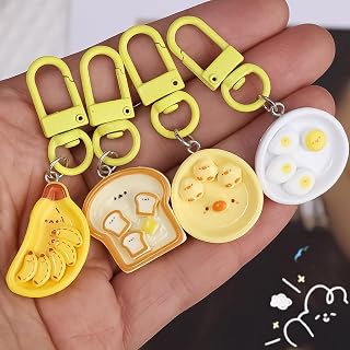 4pcs/set Cartoon Breakfast Plate Toast Banana Key Pendant Keychain Fun Simulation Food Play Lanyard Bag Keychain Creative Cute Keyring Ornament (3.5cm)