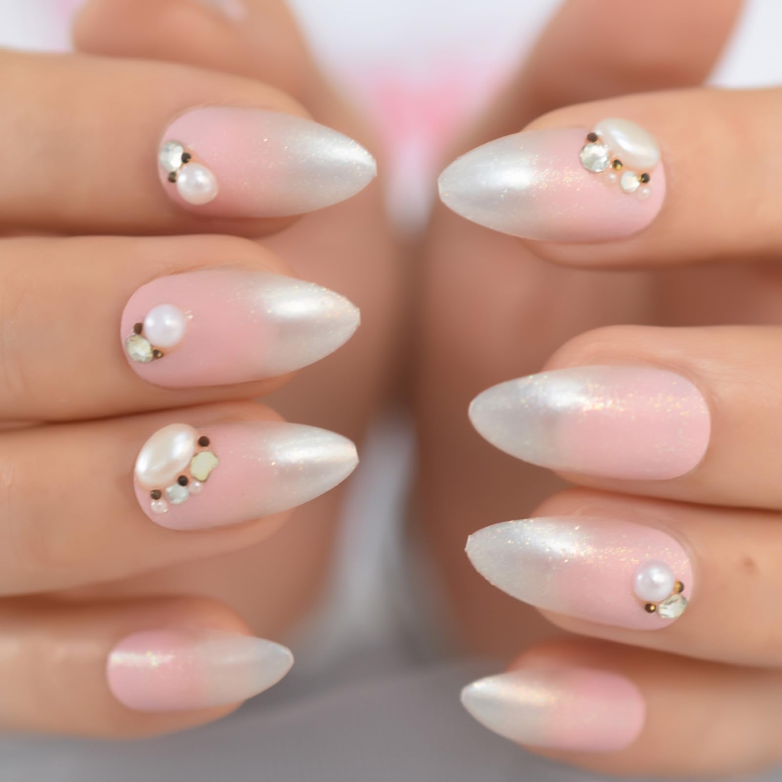Pink White French Press On Nail Medium Length Acrylic Fake Nail 3D Pearl Fake Na