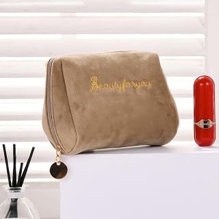 Velvet Embroidered Travel Makeup Bag for Women Small Cosmetic Pouch Toiletry Organizer Skin Care Lipstick Brush Makeup Brush Zipper Pouch Beauty Essentials, coffee