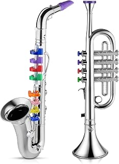 Set of 2 Musical Instruments Include Toy Trumpet and Toy Saxophone Set Plastic Trumpet Educational Toy Home School Music Gift, Silver Finish with Color Keys