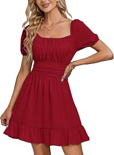Women Square Neck Short Sleeve Puff Ruffle Elastic Waist Mini Dress