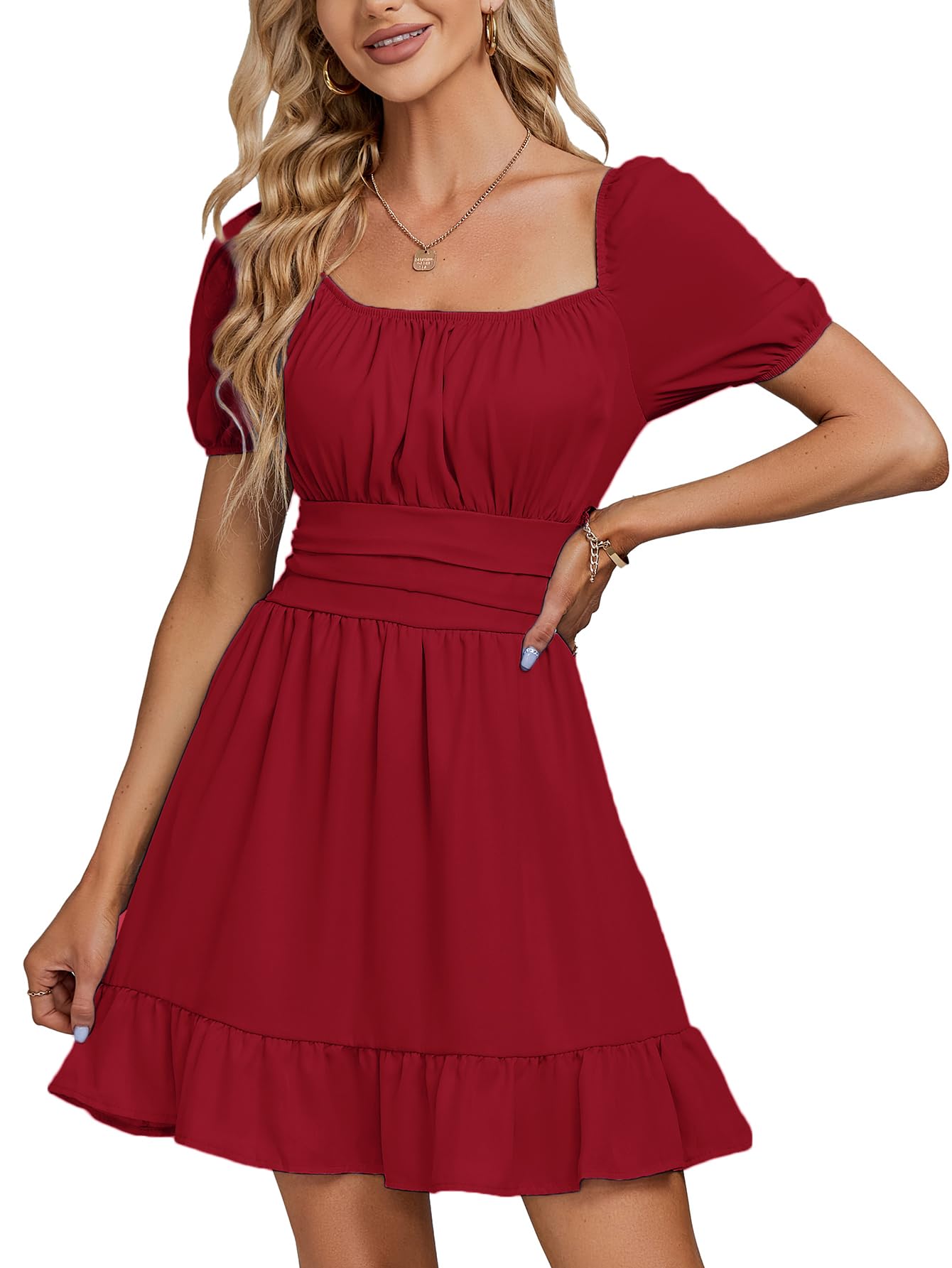 Women Square Neck Short Sleeve Puff Ruffle Elastic Waist Mini Dress
