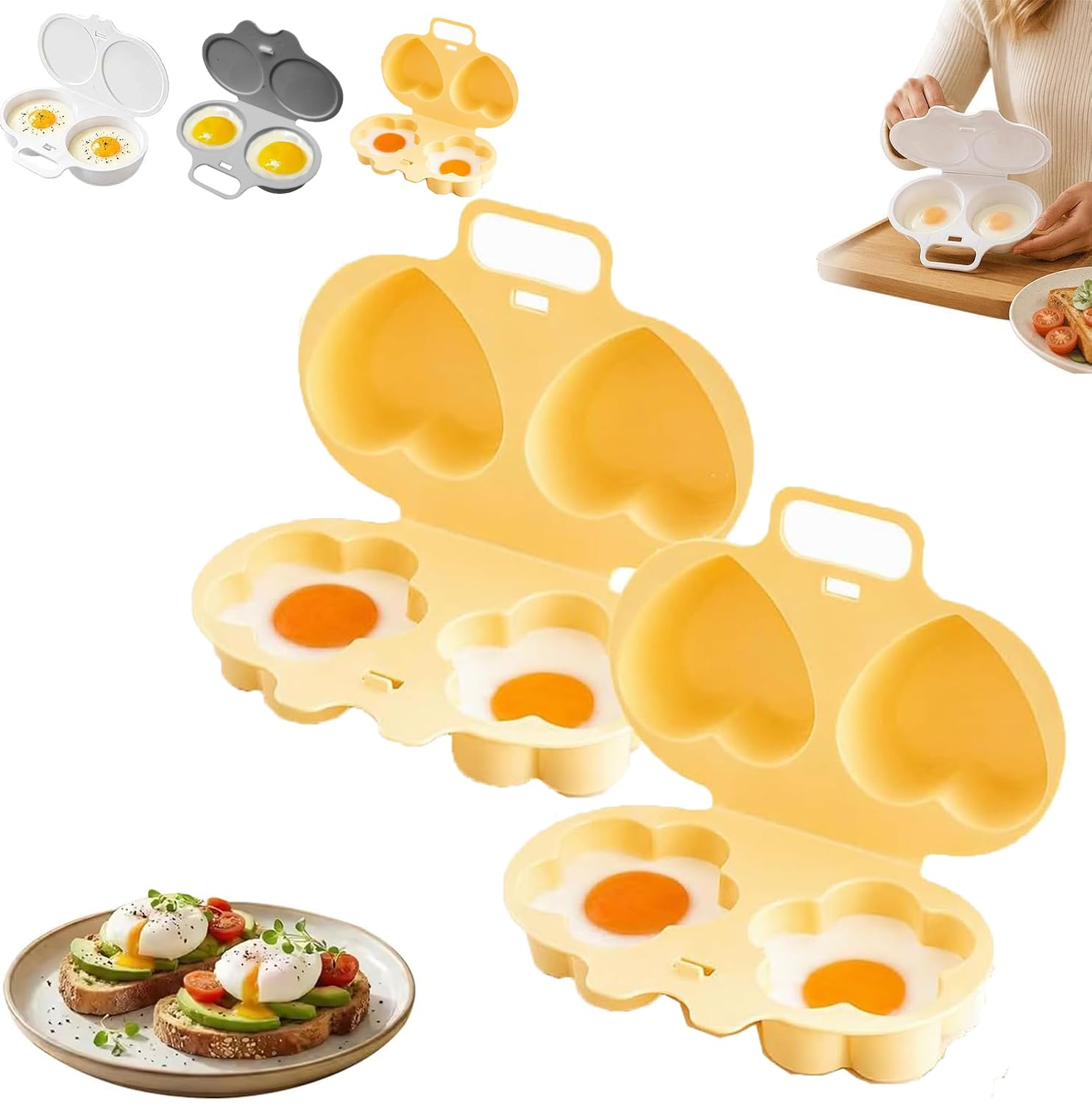 Microwave Egg Poacher With Lid & Handle, 2 Cavity Microwave Egg Poacher 2PCS(Yel