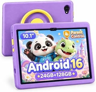 TT.KIDS Tablet 10 inch Android 16 Tablet for Kids, 24GB RAM 128GB ROM 1TB Expand, Kids Learning Tablet with Parental Control, Shockproof Case, Eye Protection HD IPS Screen, 6000mAh WiFi 6, Purple