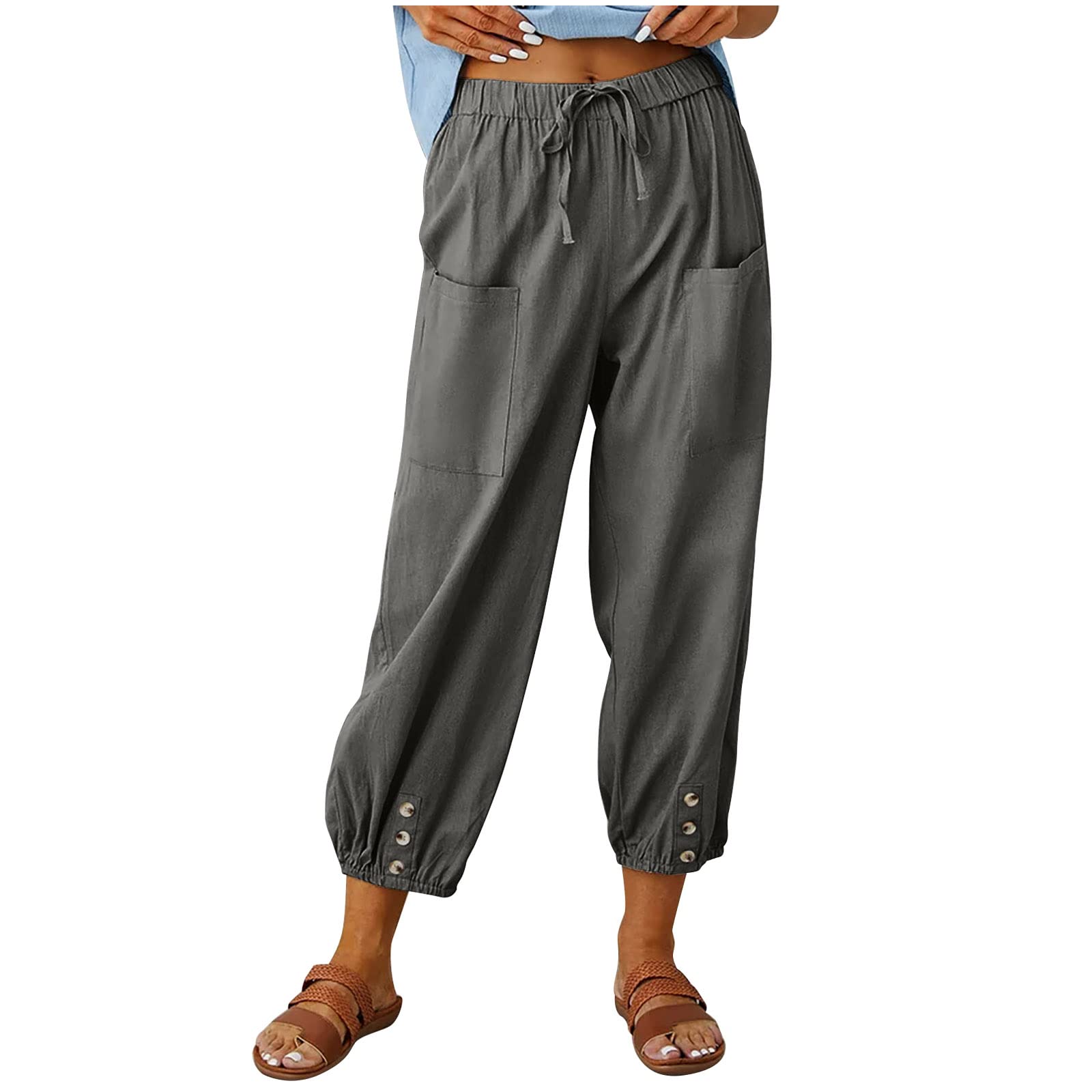 Women's Capri Pants High Waist Drawstring Cinch Bottom with Button Cotton Loose 