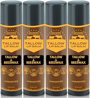Untamed Organics Pure Tallow Lip Balm | 100% Grass-Fed Beef Tallow and Organic Beeswax | Moisturizing Lip Care for Dry, Chapped Lips | Hypoallergenic, Fragrance-Free | Handcrafted in USA | 4-Pack