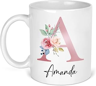 Personalised Floral Initial Mug - Custom Name Coffee Cup Gift For Her