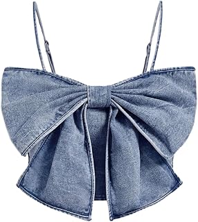 SHENHE Women's Bow Denim Crop Top Y2k Strap Smocked Jean Tank Camisole