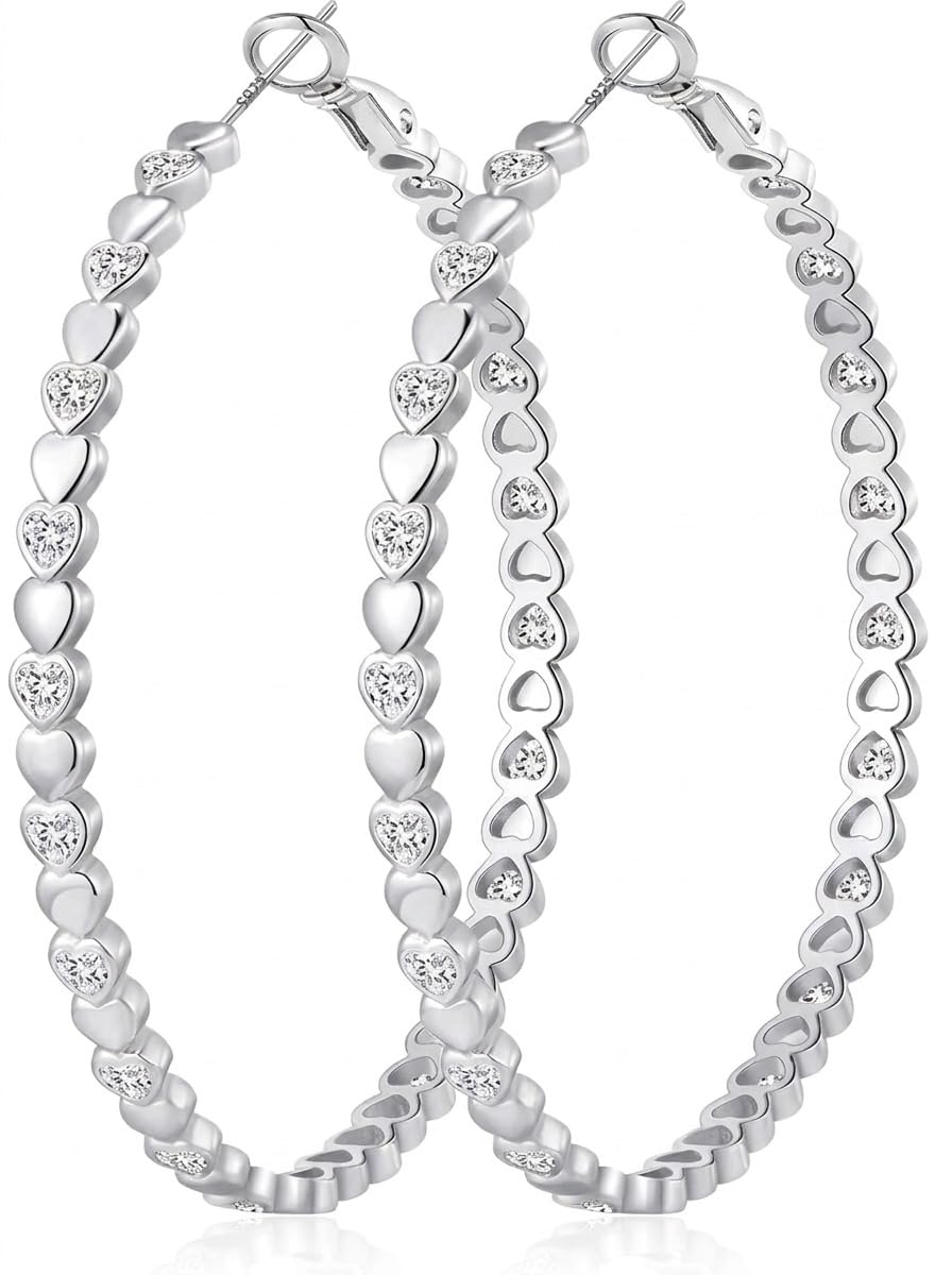 Large Gold/Silver Plated Hoop Earrings for Womens CZ Heart Design