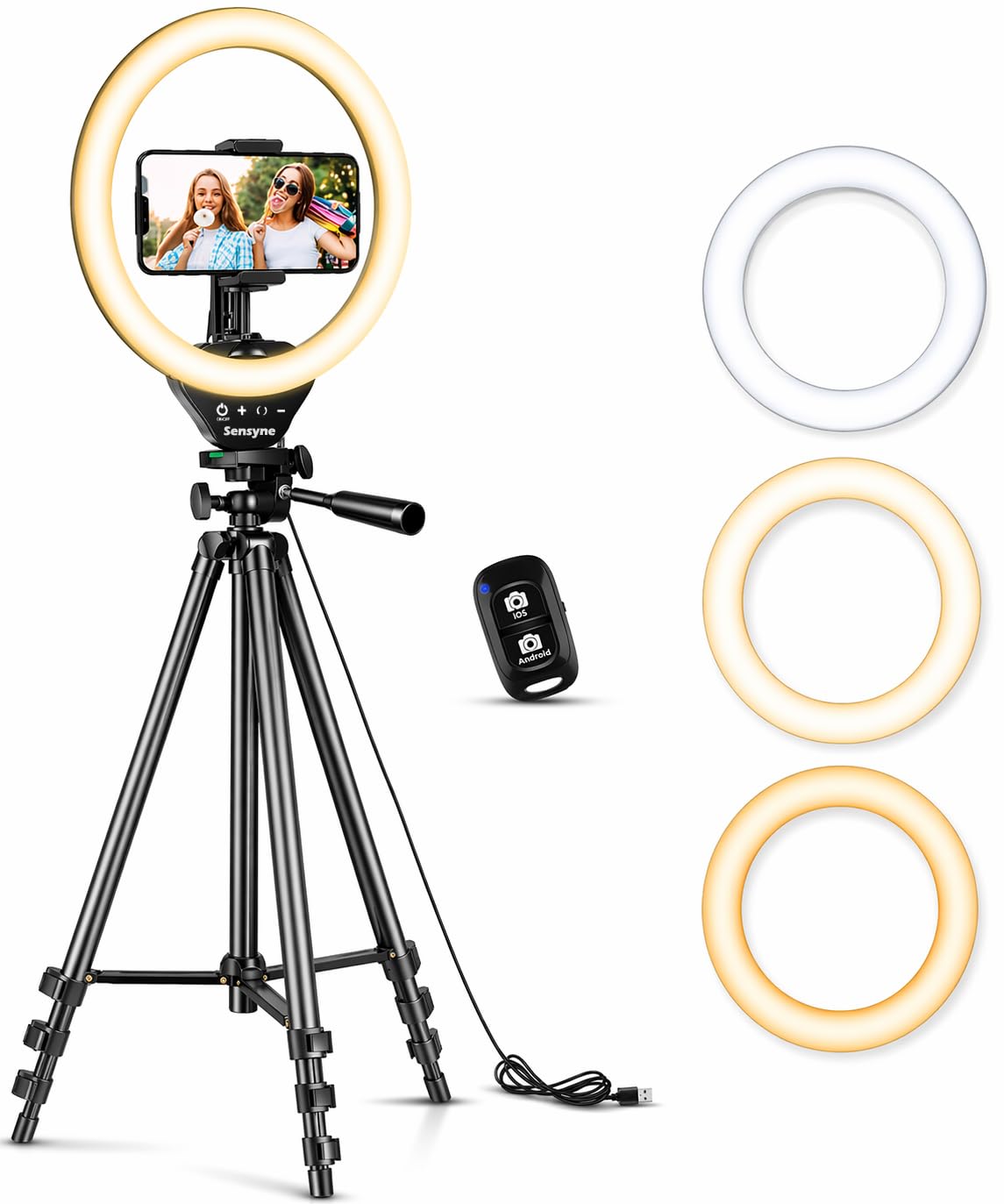 SENSYNE Ring Light with Stand, 50" Phone Tripod with Wireless Remote | 3 color m