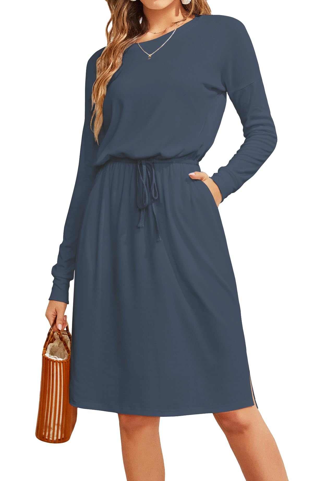 Simier Fariry Womens Fall Long Sleeve Knee Length Casual Dress with Pockets