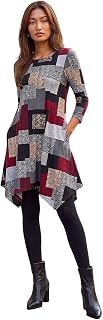 Roman Hanky Hem Swing Dress with Pockets for Women UK Ladies Asymmetric Hemline Stretch Jersey 3/4 Sleeve Winter Smart Casual Work Office Knee Length Tunics