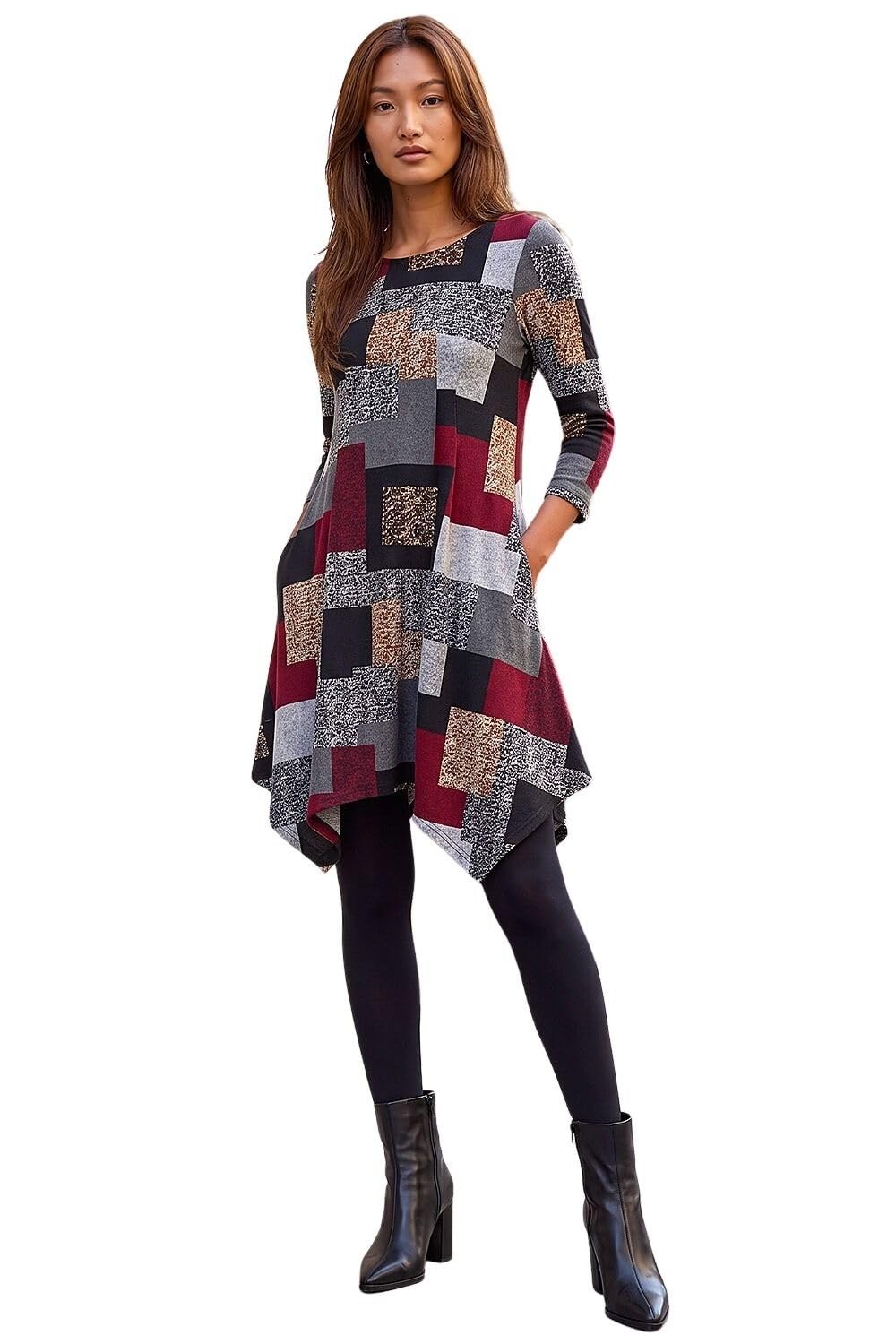 Roman Hanky Hem Swing Dress with Pockets for Women UK Ladies Asymmetric Hemline 