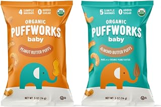 Puffworks Organic Baby Peanut & Almond Puffs Variety Pack, 0.5 oz, 12 Pack | Early Allergen Introduction • Meltable Texture • No Added Sugar • Baby-Led Weaning • Easy Self-Feeding
