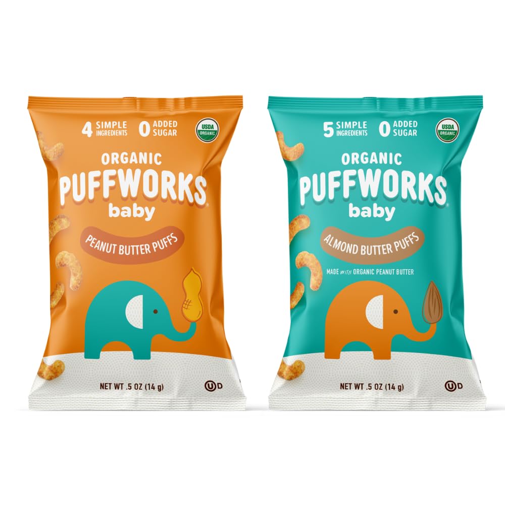 Puffworks Organic Baby Peanut & Almond Puffs Variety Pack, 0.5 oz, 12 Pack | Ear