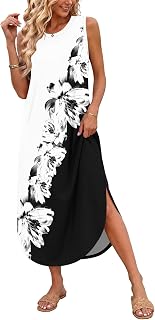 AUSELILY Maxi Dress for Women UK Casual Summer Long Dress Beach Cover-Ups Sun Dresses Women Sleeveless T Shirt Tank Dresses with Pockets