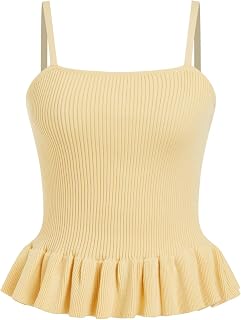 CIDER Striped Crop Peplum Tops for Women Ruffle Square Neck Knit Tops