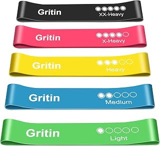 Gritin Fitness Bands [Set of 5] Elastic Latex Resistance Bands with Exercise Instructions in Italian and Carry Bag for Crossfit, Yoga, Pilates | Set di Fascia Elastica on Borsa Portaoggetti, Adatta per Crossfit, Yoga e Pilates