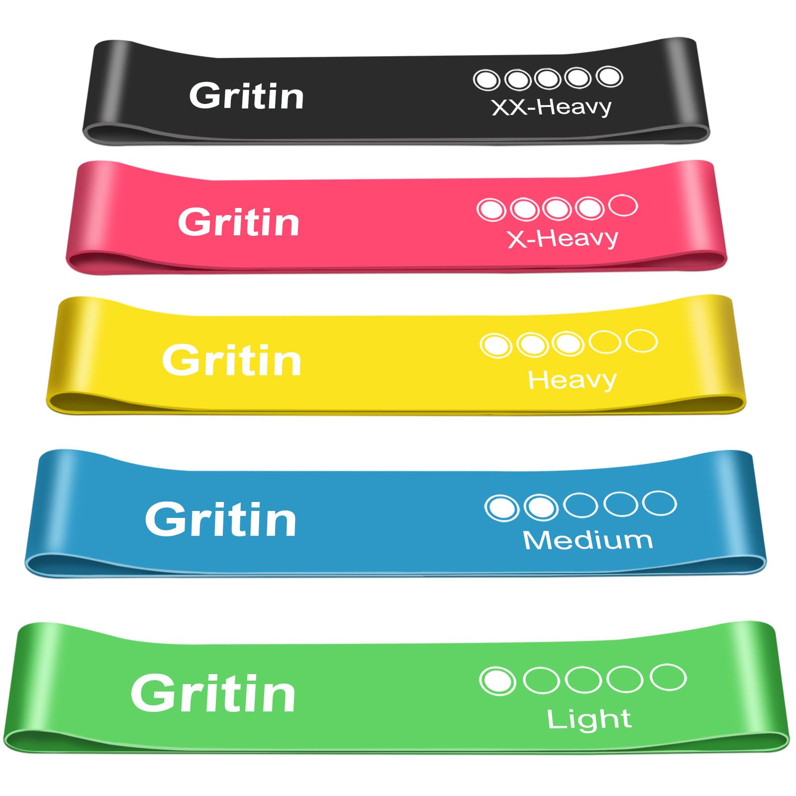 Gritin Fitness Bands [Set of 5] Elastic Latex Resistance Bands with Exercise Ins
