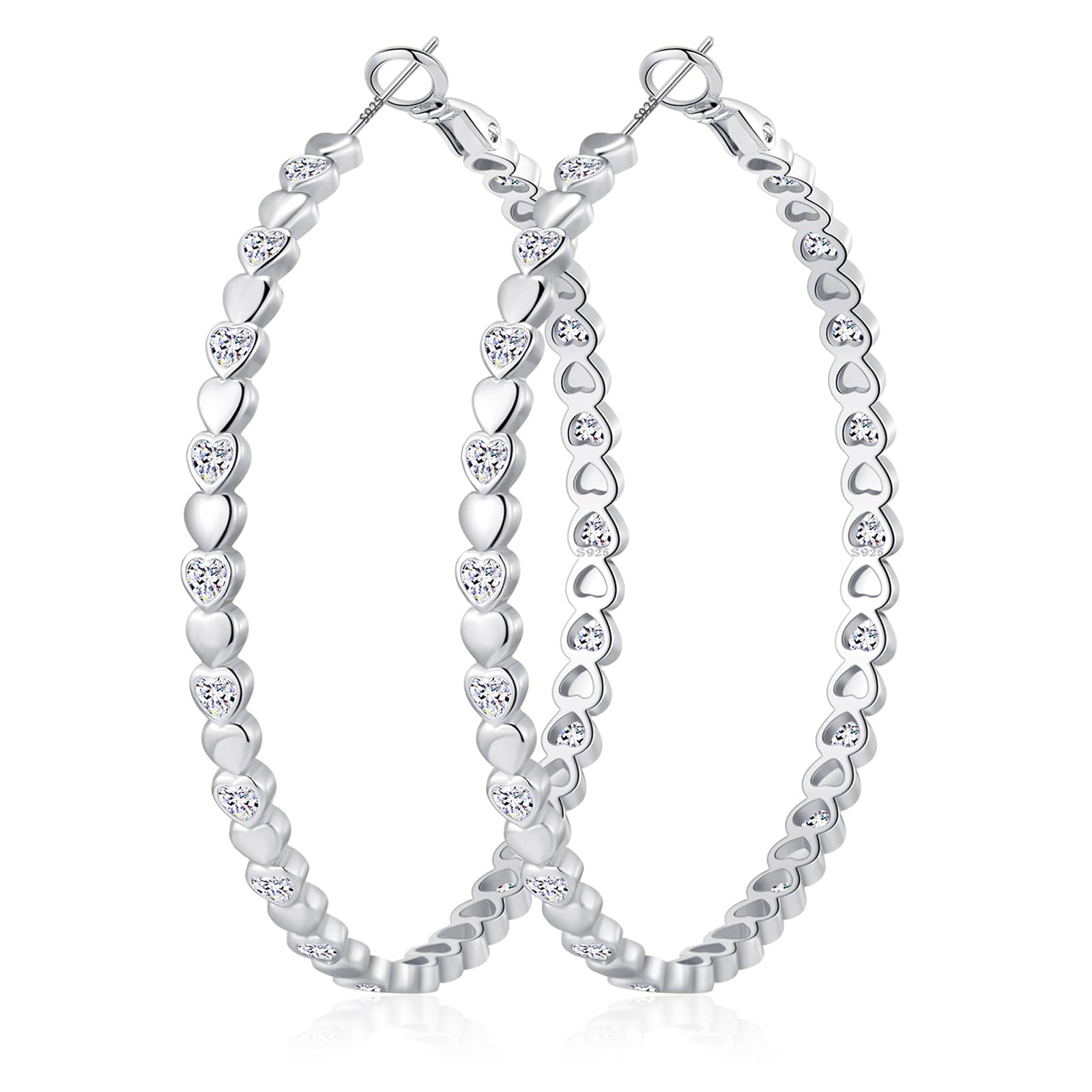OOOPEL Heart Cubic Zirconia Large Hoop Earrings for Womens 925 Silver 14k Gold P