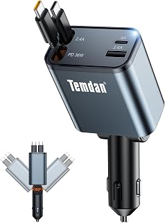 Temdan Retractable Car Charger,75W Fast Charger USB C Car Truck Accessories | Cigarette Lighter Adapter, Car Accessories, Birthday Gifts for Men Women Dad Mom Husband, for iPhone 15/16/17 Pro/18 Pro Max