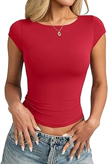 EasyGala Womens Double Lined Boat Neck Tops Cap Sleeve Tight Y2k T Shirts