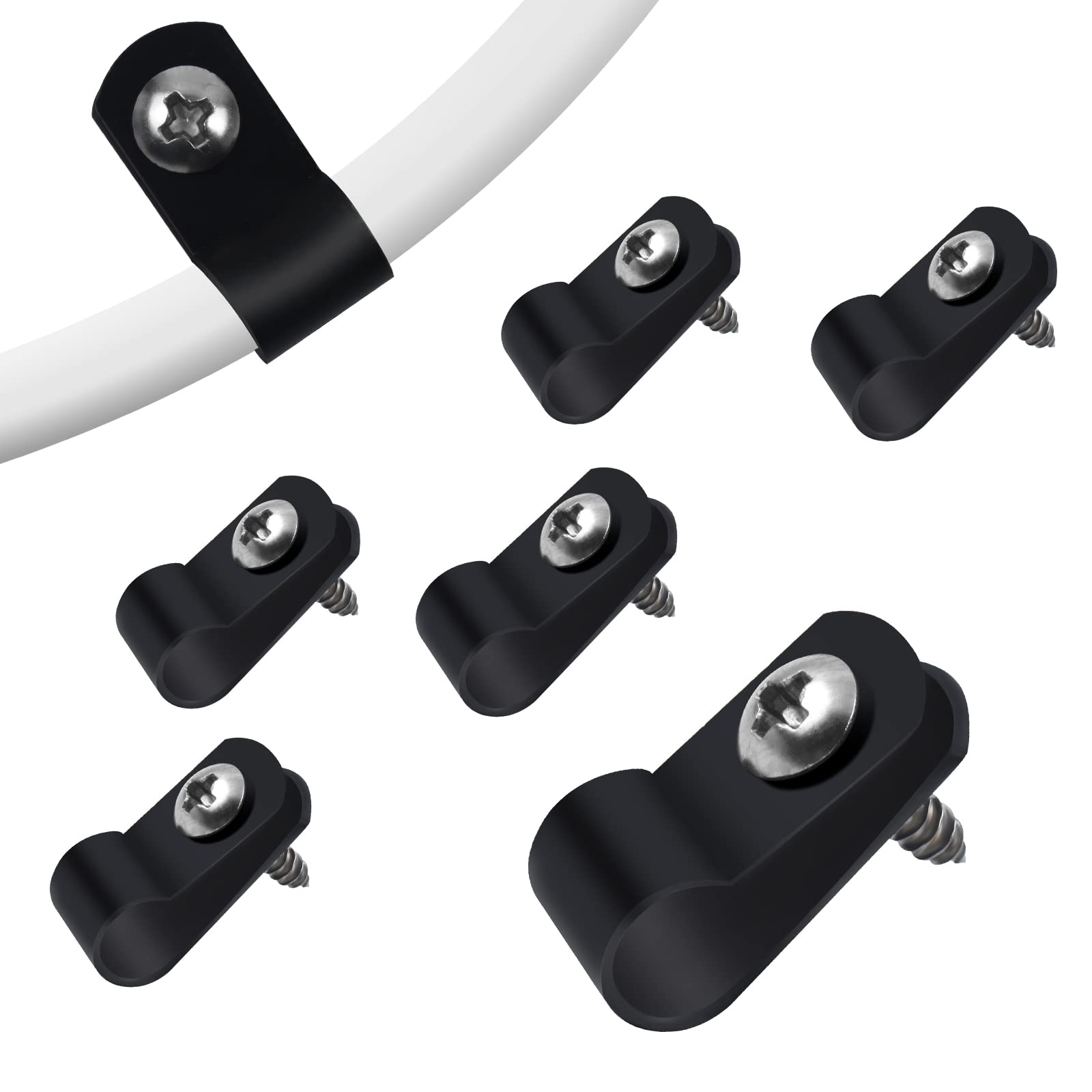 RGBZONE 100 Sets 1/4 Inch R-Type Cable Clips with Screws, Black | Nylon Wire Cli