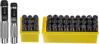 HARFINGTON 36pcs Metal Stamping Kit 1/2" (12.5mm) (A-Z, 0-8, "&amp;" Symbol) Steel Letter Punch Press Tool with Hole Punch to Stamp on Metal, Plastic, Wood, Leather, Black