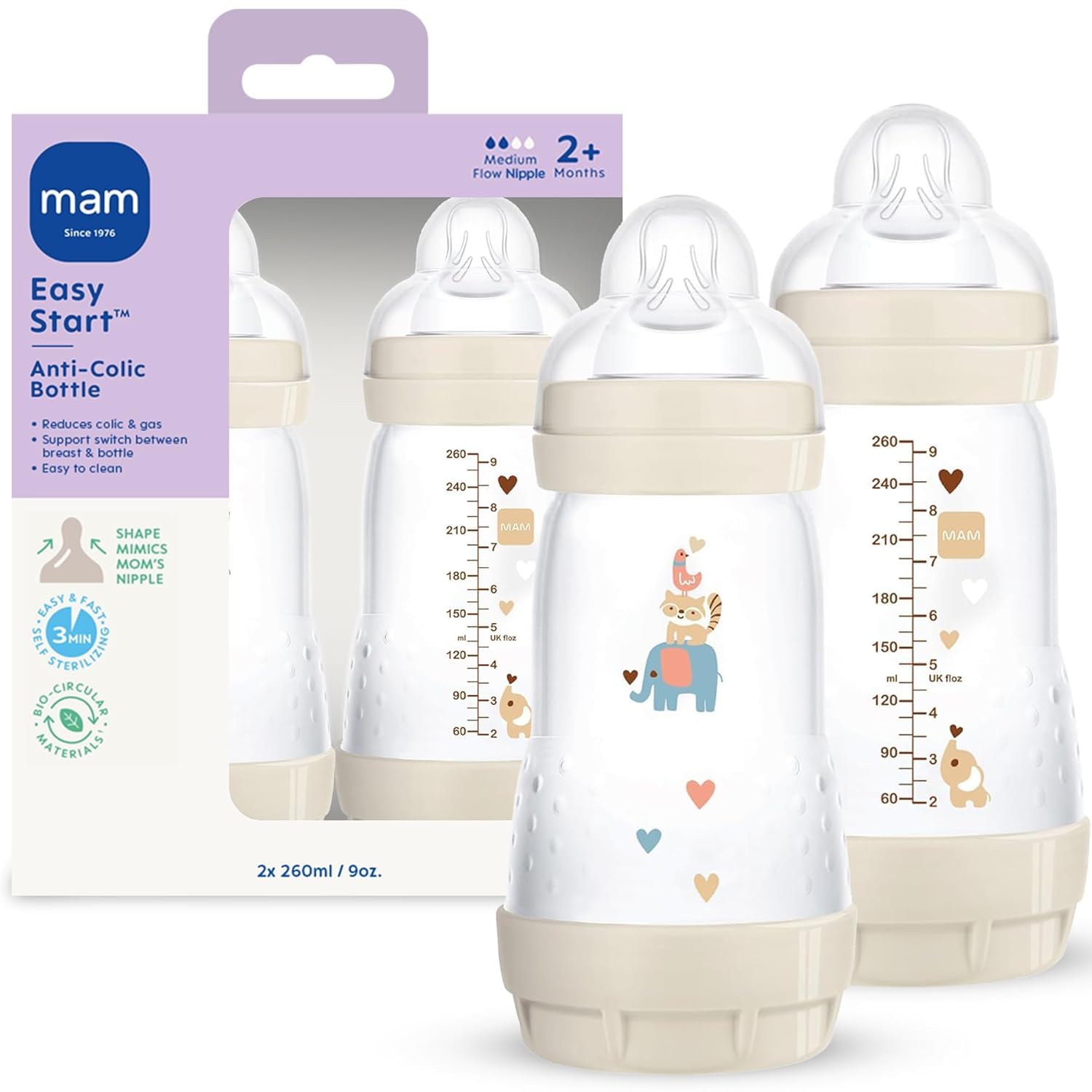 MAM 9oz Easy Start Anti-Colic+ Vented Baby Bottle, 2+ Months, 1 Pk, Unisex | Med