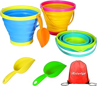 Holady 7 PCS Beach Pails Sand Buckets and Sand Shovels Set for Kids,Cute Beach Toys,Foldable Bucket Portable Silicone Pail for Kids Beach Play(3 Bucket+3 Shovels+1 beach bags)