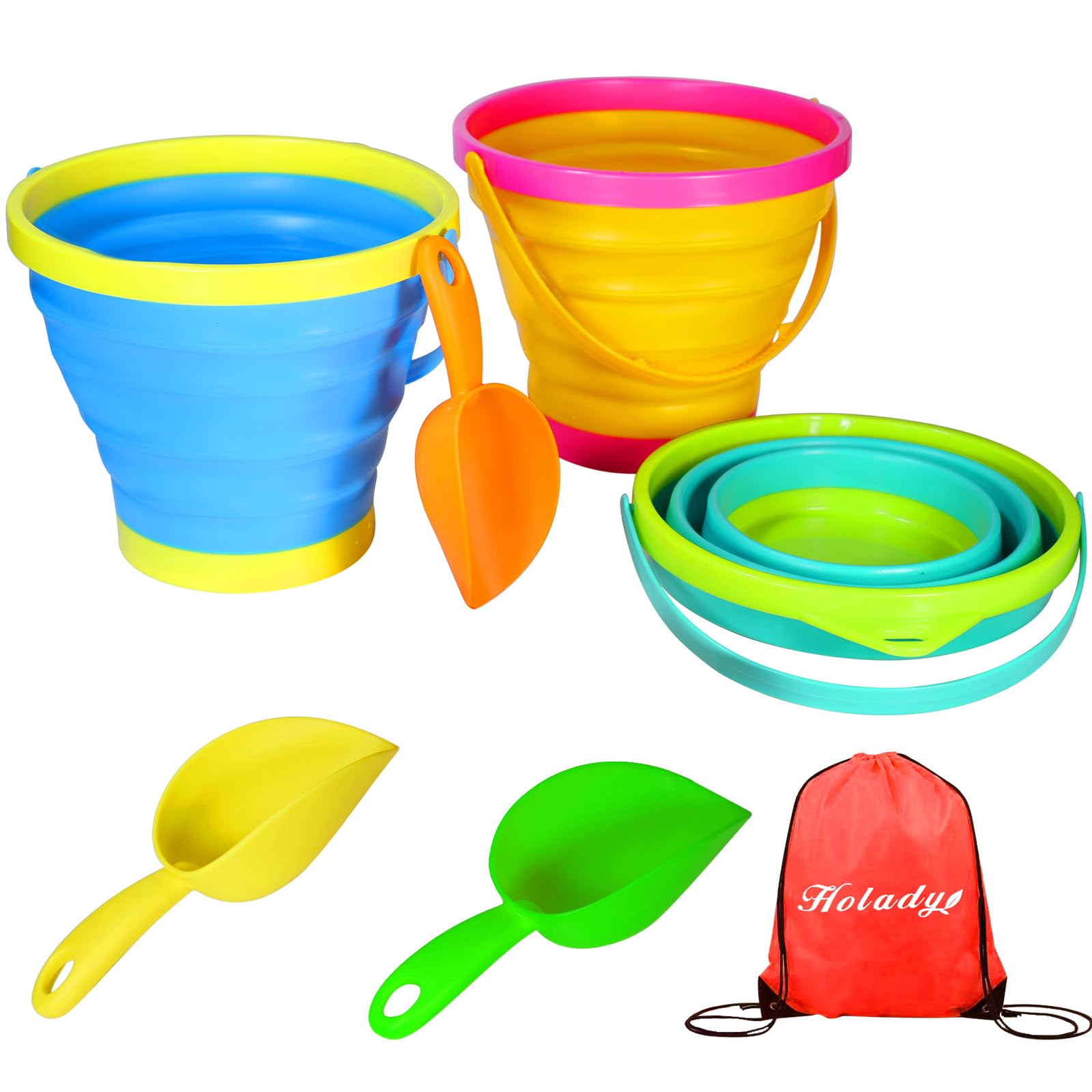 Holady 7 PCS Beach Pails Sand Buckets and Sand Shovels Set for Kids,Cute Beach T