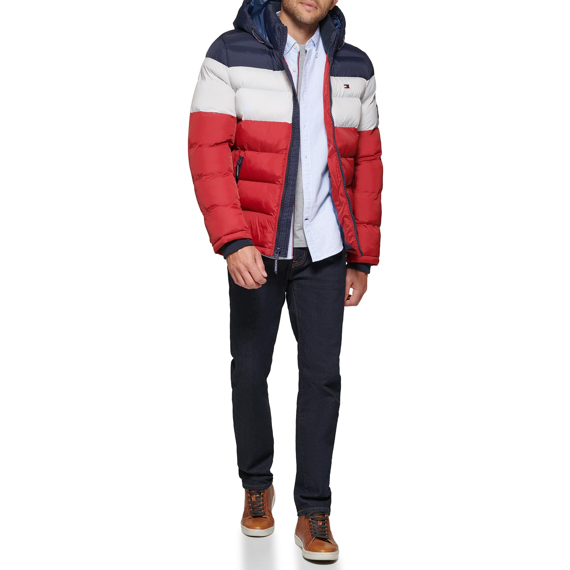 Tommy Hilfiger Men's Hooded Puffer Jacket, Midnight Blue/Ice/Red, XX-Large