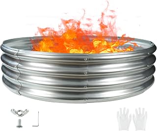 TBMLC 60" Round Galvanized Steel Fire Ring Pit/Raised Garden Bed Kit | 5 FT Diameter,1 FT High, Made of Galvanized Steel Wave-Shaped,0.8 MM Thick,Folded Edges and Round Corner,Gloves Included