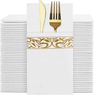 Disposable Linen Feel Napkins,Decorative Wedding Napkins,Built-in Flatware Pocket,Folded Party Napkin, Soft, Strong, Absorbent, and Pre-Folded, 50 Pack