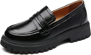 Womens Black Chunky Penny Loafers Slip On Platform Work Dress Shoes