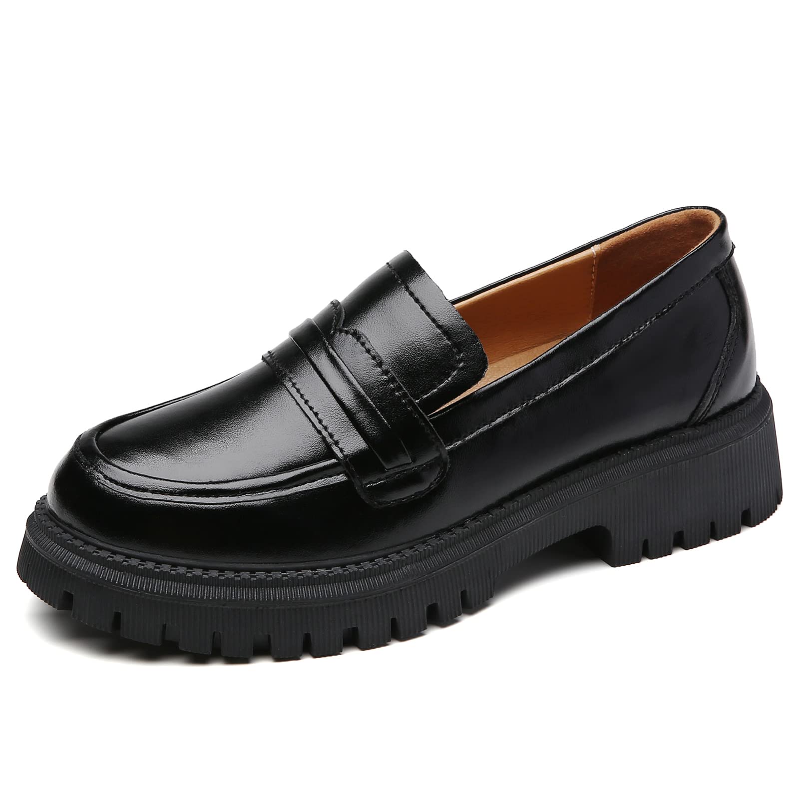 Womens Black Chunky Penny Loafers Slip On Platform Work Dress Shoes