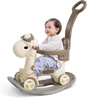 4 in 1 Rocking Horse for Boys Girls Ages 1-3, Push Ride-On Toy Indoor Play | Fun Birthday Gift For Kids 1+, Rocking Toys with Detachable Balance Board & Guard Rails, Balance Bike With Push Handle, Brown