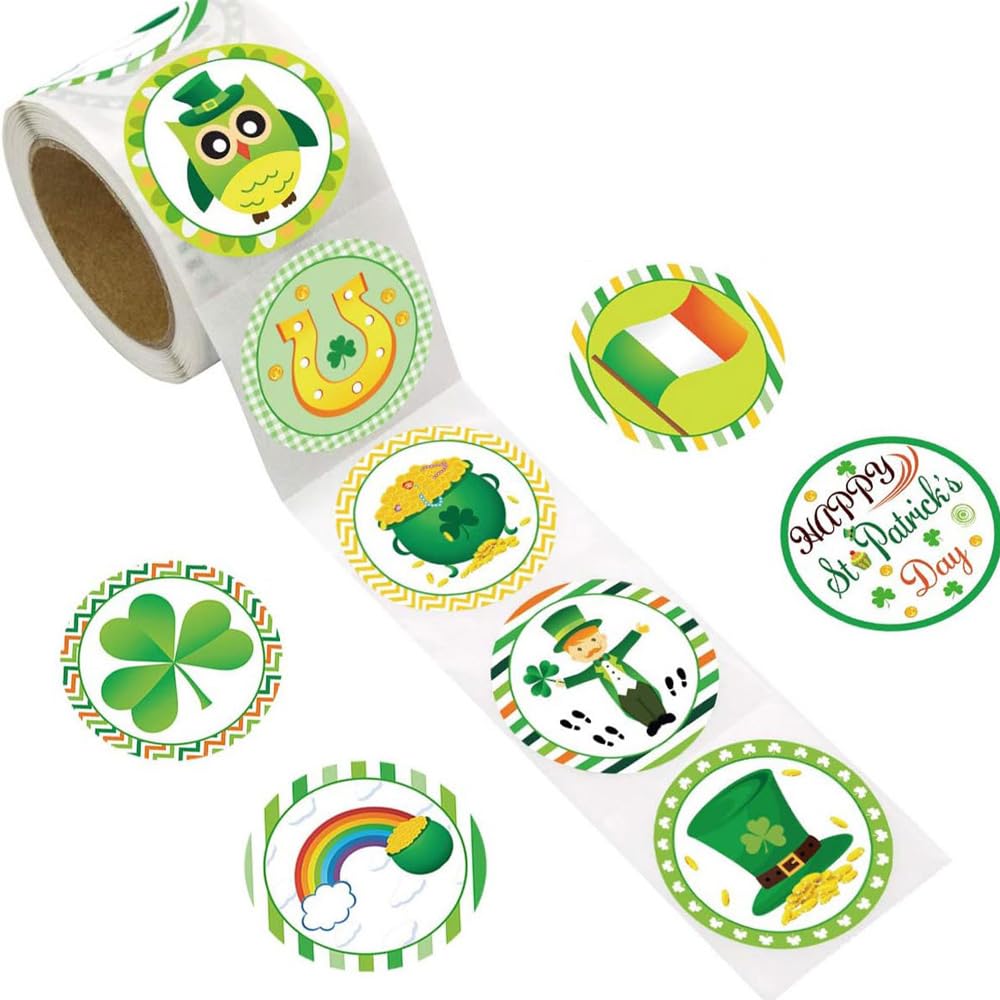 Green Lucky Shamrock, Truck, Hat Stickers 500/Roll - Self Adhesive Decorative La