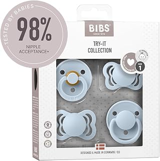 BIBS Soothers Includes Colour, De Lux, Couture and Supreme Soothers | BPA-Free Natural Rubber Pacifier & Silicone | Made in Denmark | Try-it Collection (Baby Blue, 0-6 Months...)
