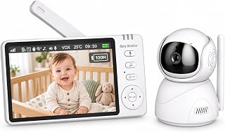 BURNNOVE Baby Monitor with Camera 5" 720P Screen, No WiFi & Pan Tilt | 100H VOX Battery, Night Vision, Temperature Alerts, Two-way Audio, Lullabies and Up to 300m Secure Connection