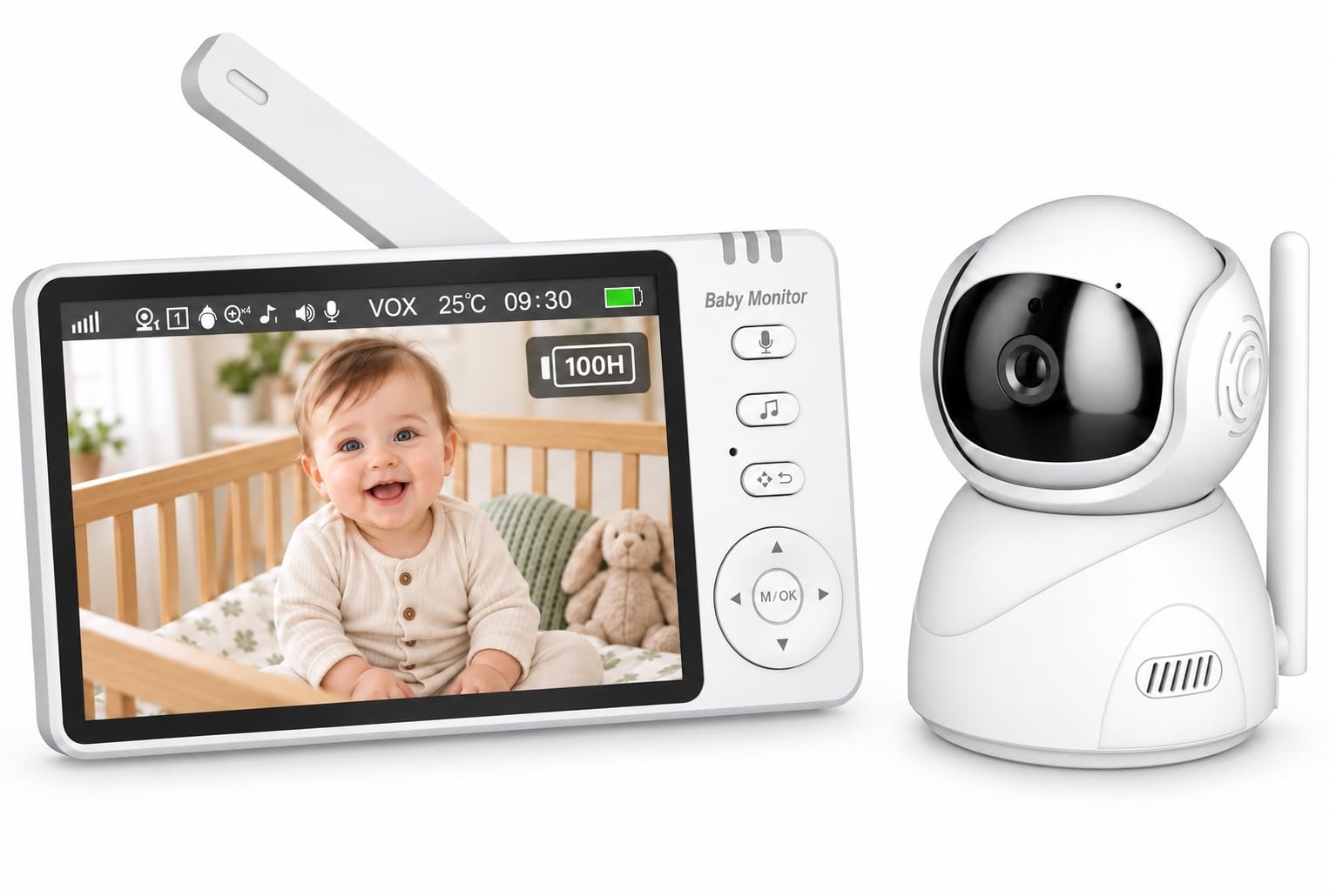 BURNNOVE Baby Monitor with Camera 5" 720P Screen, No WiFi & Pan Tilt | 100H VOX 
