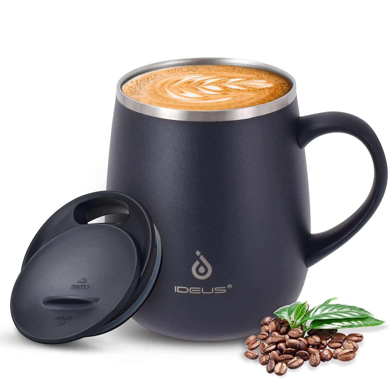 Ideus 16 oz Insulated Coffee Mug with Handle and Lid (Storm Black)